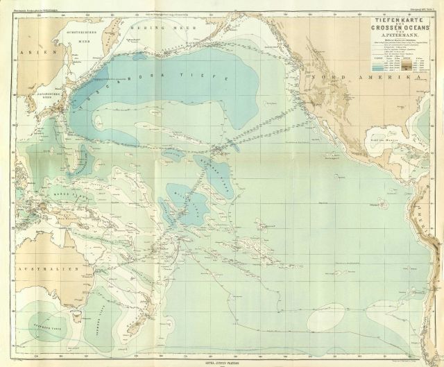 This map, by Augustus Petermann, was the first bathymetric map of the Pacific Ocean Picture