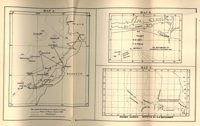 Maps of the track of the DACIA in 1883, the Bottomless Pit, and Congo Canyon, by Edward Stallibrass, a British telegraph engineer, as published in 188 Picture