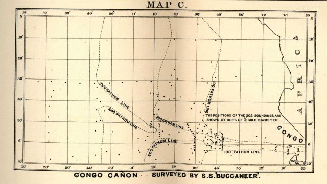 Map of the Congo Canyon as surveyed by the Cable Ship BUCCANEER, by Edward Stallibrass, a British telegraph engineer, as published in 1887 in 