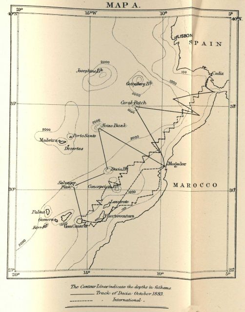 Map of the track of the Cable Ship DACIA in 1883, showing Concepcion, Dacia, Seine, Josephine, and Gettysburg Banks, and Coral Patch, by Edward Stalli Picture