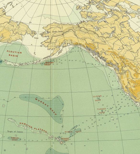 Section of North Pacific Ocean on Murray's map of the Pacific Ocean, Chart 1B, accompanying the Summary of Results of the Challenger Expedition, 1895. Picture