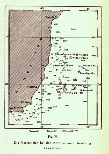 An inset map of an area off the coast of Brazil, South America, showing numerous banks and seamounts Picture