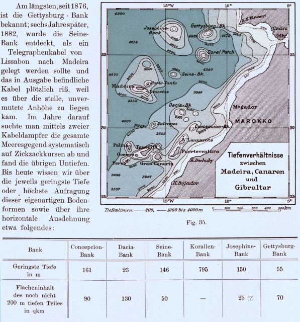 A map of the Atlantic Ocean off NW Africa, the same area covered by Edward Stallibrass in map00031, with tables showing the least depth and extent of  Picture