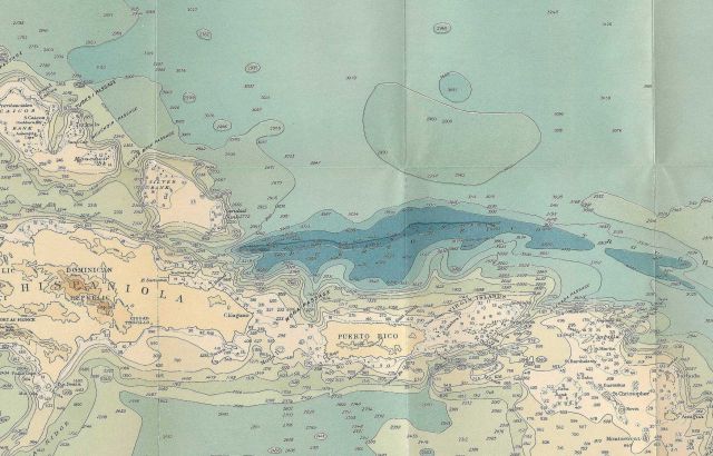 1939 chart of the Caribbean by Navy Hydrographic Office showing state of knowledge of bathymetry of the Caribbean and surrounding seas. Picture