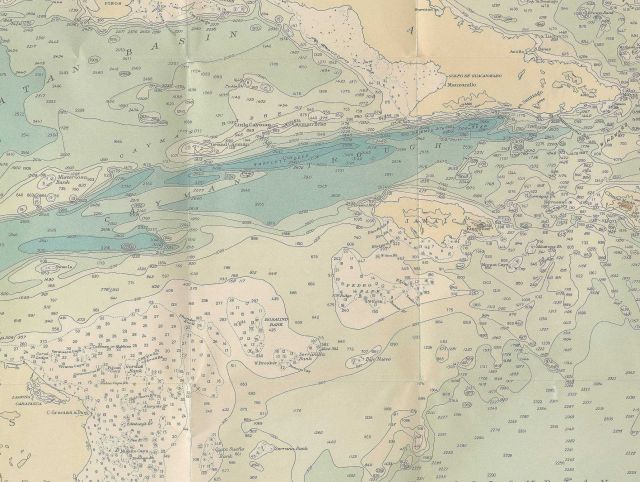 1939 chart of the Caribbean by Navy Hydrographic Office showing state of knowledge of bathymetry of the Caribbean and surrounding seas. Picture