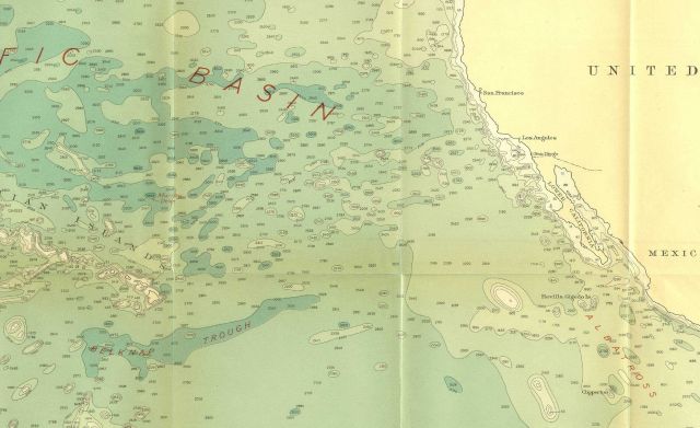 Southeast section of 1939 North Pacific chart 5486 by Navy Hydrographic Office showing use of name Albatross Plateau for East Pacific Rise leading int Picture