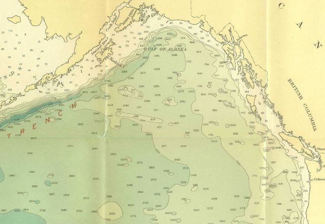 Northeast section of 1939 North Pacific chart 5486 by Navy Hydrographic Office showing few of the seamounts surveyed by the C&GS during the years 1925 Picture