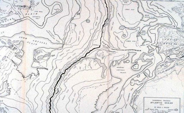 Portion of map showing axis of Mid-Atlantic Rift Valley as interpreted by Bruce Heezen, Marie Tharp, and Maurice Ewing Picture