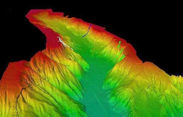 3-D view of the head of Astoria Canyon off the Columbia River Entrance. Picture