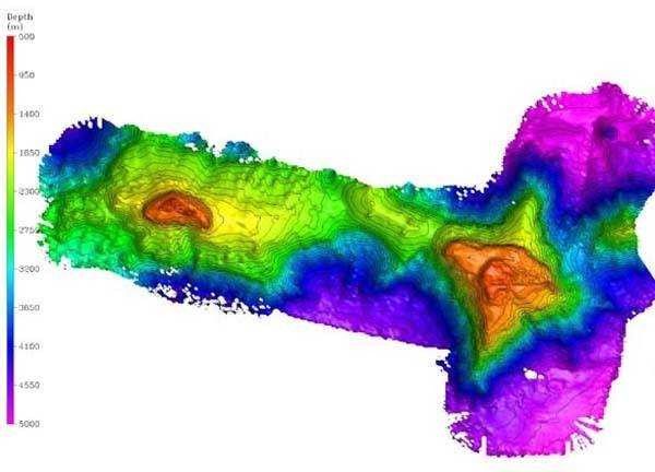 Bathymetry of the Milne-Edwards (left) and Verrill Seamounts, shaded relief map Picture