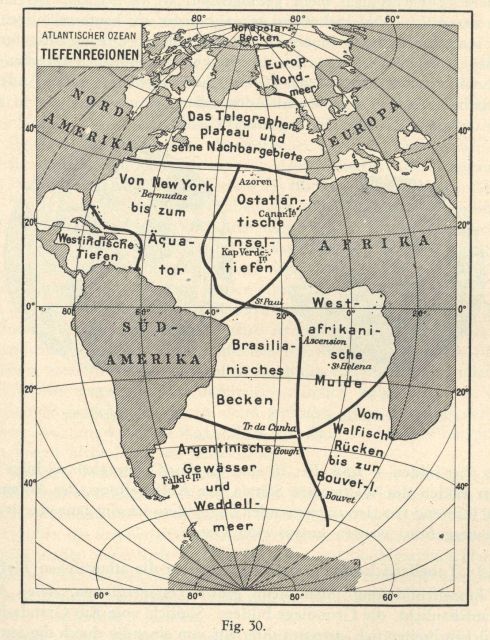 The major deep sea regions of the Atlantic Ocean as determined from the bathymetry as envisioned by Gerhard Schott. Picture