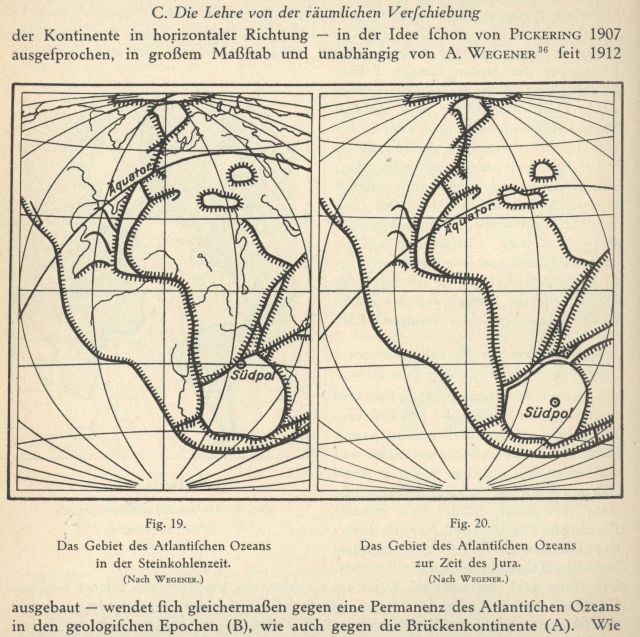 The breakup and separation of continents as envisioned by Alfred Wegener in Gerhard Schott. Picture