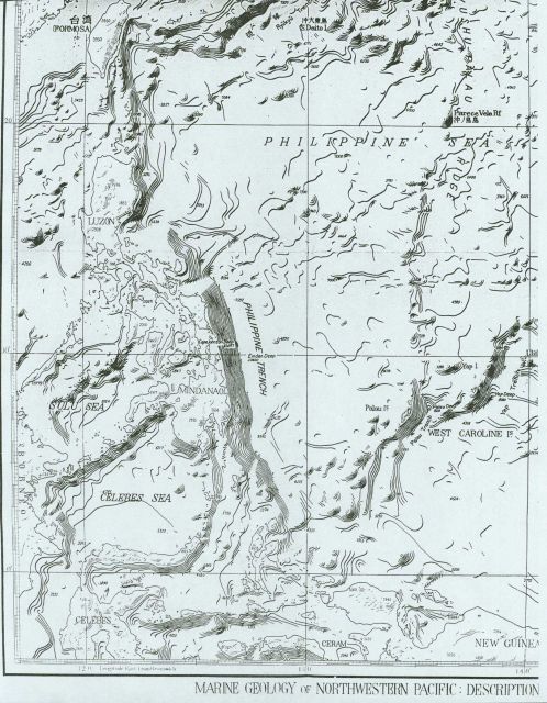 Section of Bathymetric Chart of the Northwest Pacific showing Philippine Trench, Yap Trench, and Palau Trench bordering Philippine Sea Picture