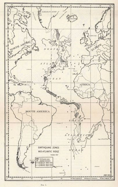 Earthquake epicenter map published in 1937 clearly showing correlation of earthquakes with the Mid-Atlantic Ridge Picture