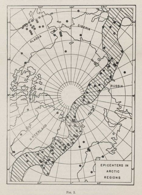 Map showing earthquake zone through Arctic Ocean correlating with postion of Gakkel Ridge, today known to be a mid-ocean ridge spreading center Picture
