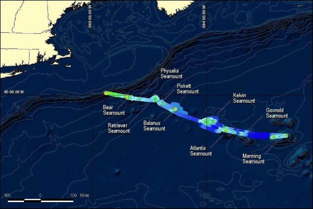 Map showing location of many of the seamounts of the New England Seamount Chain. Picture