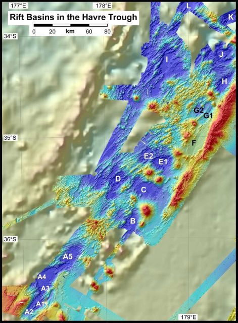 Map showing the location of several of the small rift basins int eh Havre Trough Picture