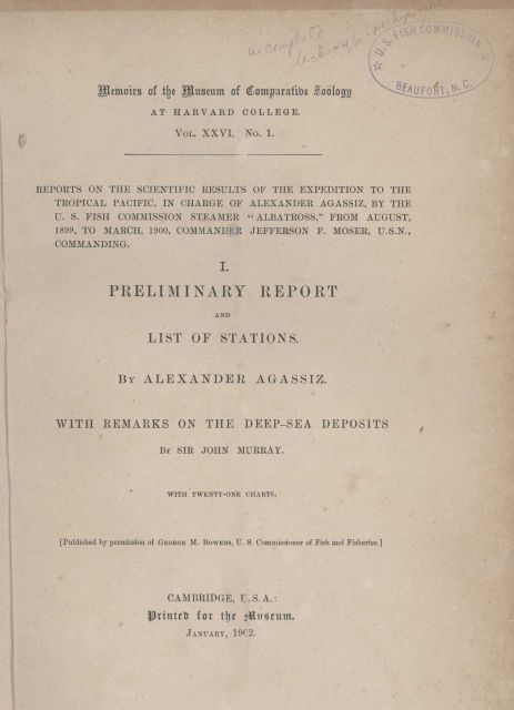 Cover of the Preliminary Report and List of Stations obtained during the s scientific expedition of the Albatross to the tropical Pacific.In: The Memo Picture
