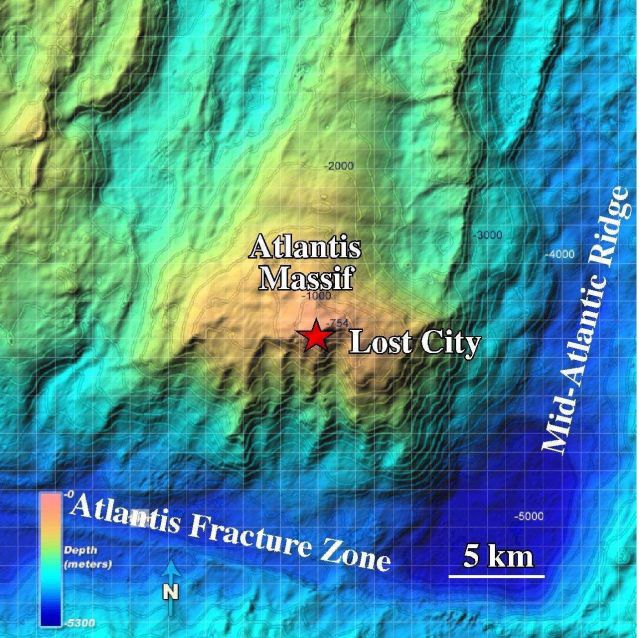 The Atlantis Massif or Seamount is bounded to the east by the slow-spreading Mid-Atlantic Ridge, and to the south by the Atlantis Fracture Zone Picture
