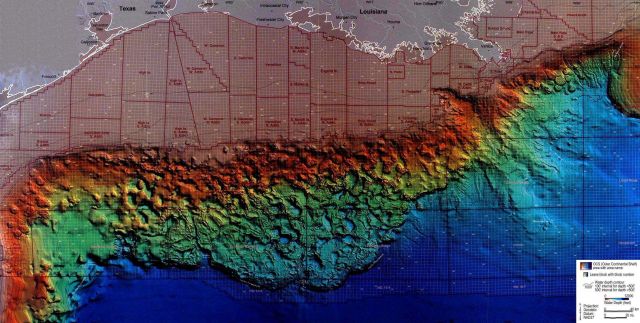 Computer enhanced multibeam bathymetry map of the northwestern and northern Gulf of Mexico continental shelf and slope Picture