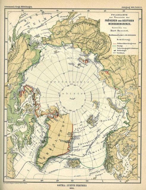 Arctic Ocean region (Polarkarte) showing Fruheren und Heutigen Menschengrenze by Kurt Hassert Picture