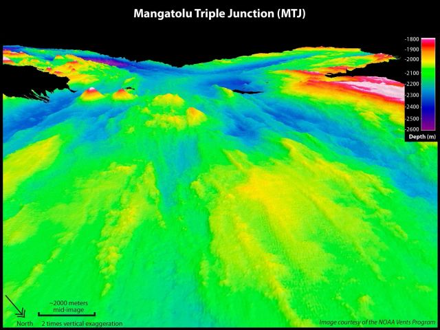A multi-beam survey and 3-D image of the Mangatolu Triple Junction. Picture