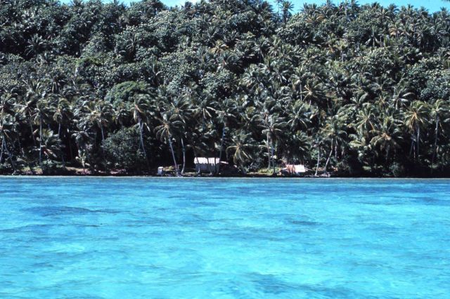 Native dwellings on shore beyond fringing reef Picture