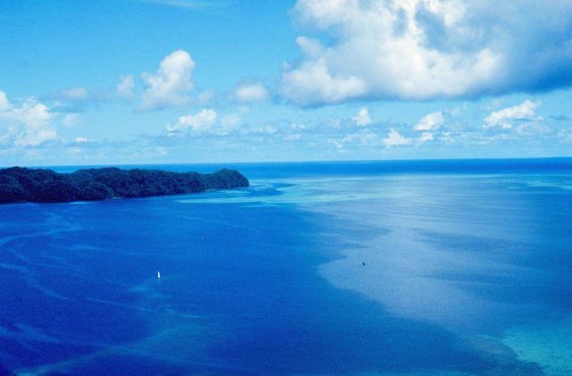 Koror Harbor east entrance showing barrier reef to outside and patch reefs in lagoon Picture