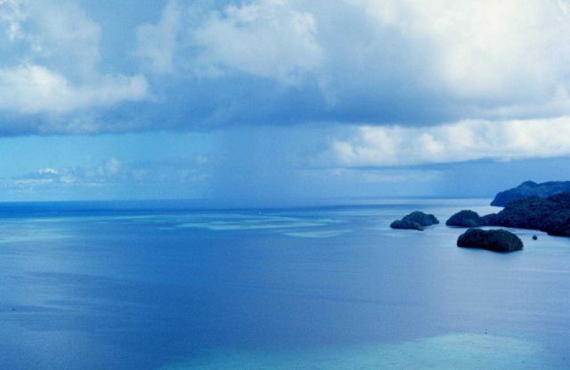 Koror Harbor east entrance showing barrier reef to outside and patch reefs in lagoon Picture