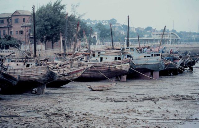 Chinese junks in the mud at low tide. Picture