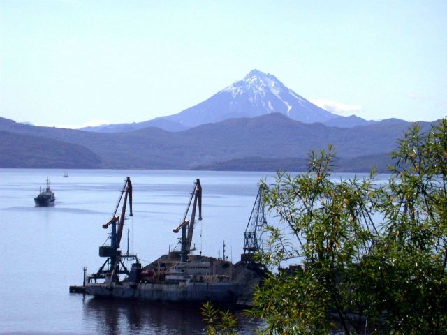 The harbor at Vladivostok with a volcano dominating the landscape. Picture