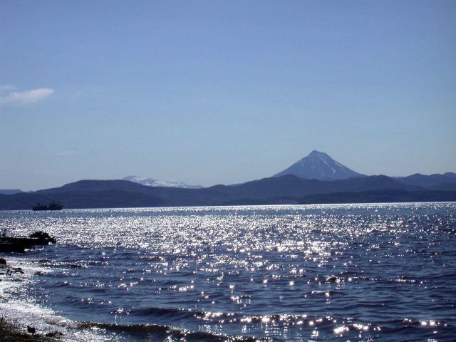 The harbor at Vladivostok with a volcano dominating the landscape. Picture