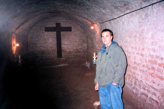 Deck hand Mike Theberge in the catacombs area of a Lima cathedral. Picture
