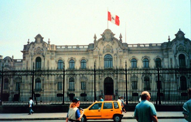 Part of the crew of the McARTHUR enjoying sight-seeing near the Presidential Palace in Lima. Picture