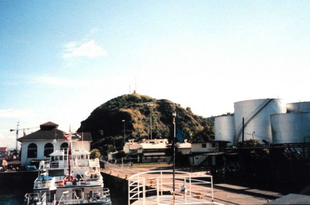 The bow of the McARTHUR at the Balboa fuel pier. Picture