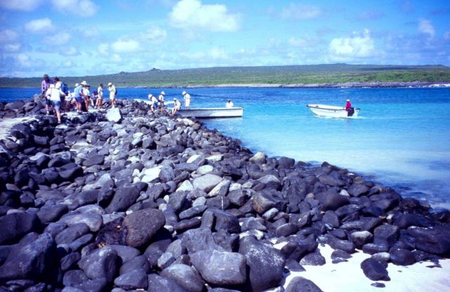 Eco-tourists with carmera s and packs debarking from skiff from cruise ship on boulder breakwater. Picture