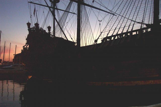 A renaissance era vessel at Genoa at the quay at Genoa. Picture