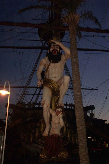 Gilded figurehead of a renaissance era vessel at the quay at Genoa. Picture