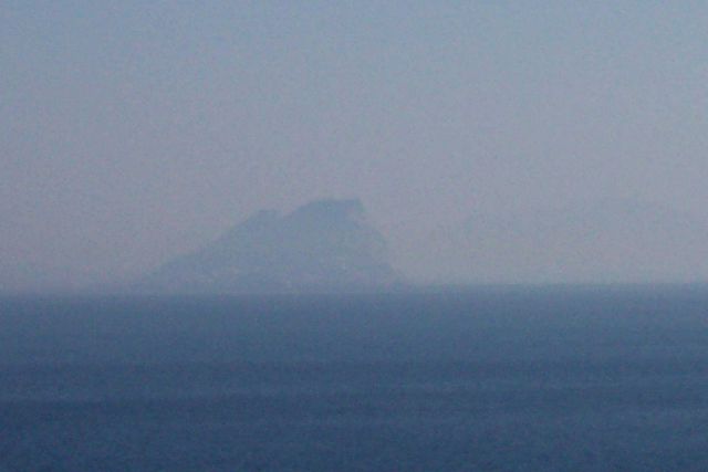 The Rock of Gibraltar as seen to the northeast on a misty day in the Straits of Gibraltar. Picture