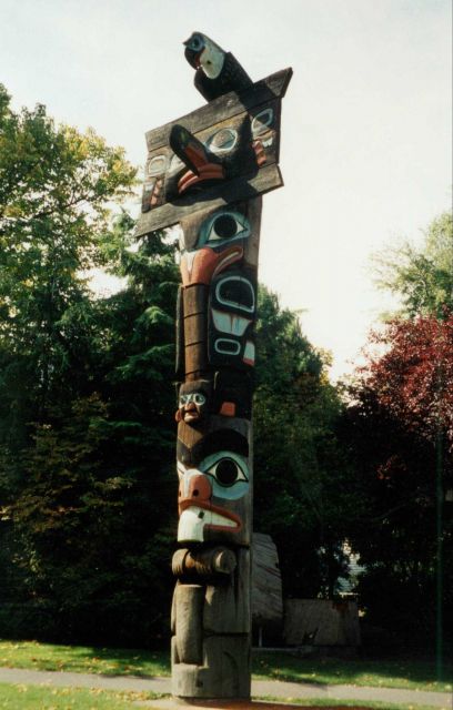 Totem pole in Thunderbird Park. Picture