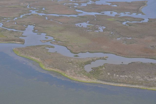 Aerial survey of Clyde's Cut, a shallow water pass between Bayou Heron and Middle Bay. Picture