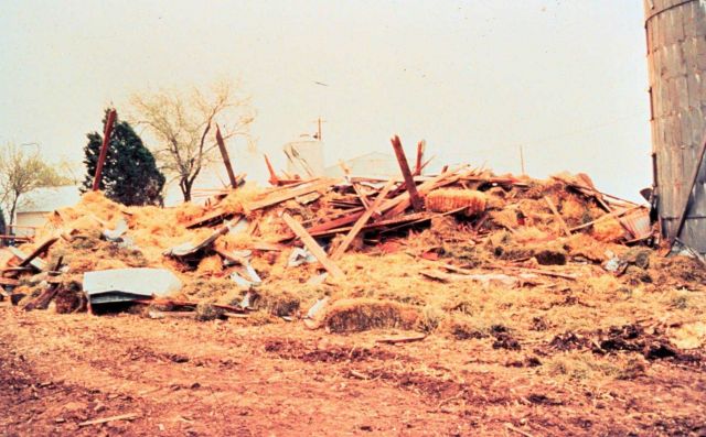 Damage to a farm caused by an April, 1978 Newkirk, Oklahoma tornado. Picture