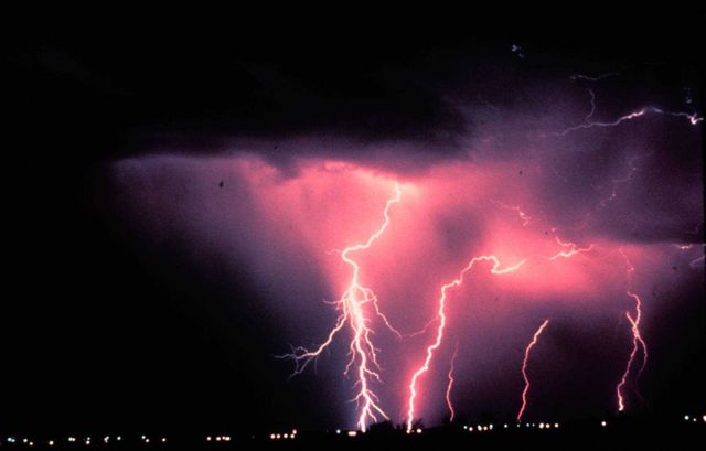 Time-lapse photography captures cloud-to-ground lightning during a night-time thunderstorm in Norman, Oklahoma - home of the NSSL. Picture