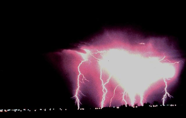 Intense cloud-to-ground lightning Caught using time-lapse photography during a night-time thunderstorm. Picture