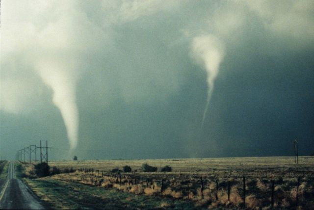 A rare photograph of two tornadoes over the Great Plains. Picture