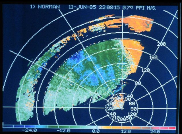 Norman Doppler radar display of wind velocities showing dissipating squall line. Picture