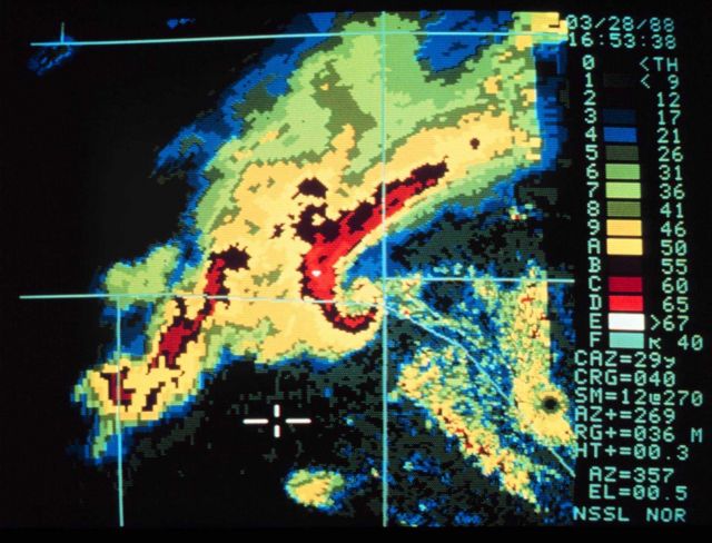 Hook Echo - often a precursor of tornadic activity. Picture