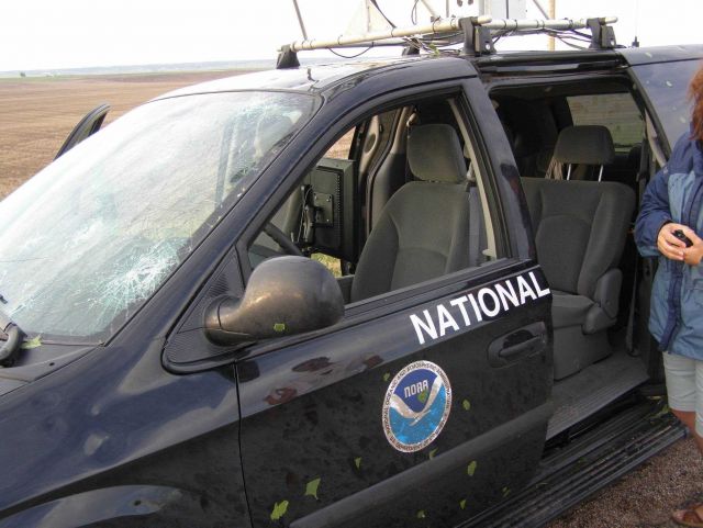 The tornadic storm observed earlier was accompanied by large dangerous hail which smashed the windshield of this National Severe Storms Laboratory ins Picture