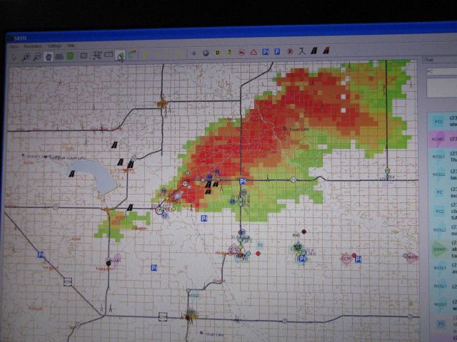 An image from the Situational Awareness Severe Storm Intercept software showing the position of each research vehicle in relation to the target storm. Picture