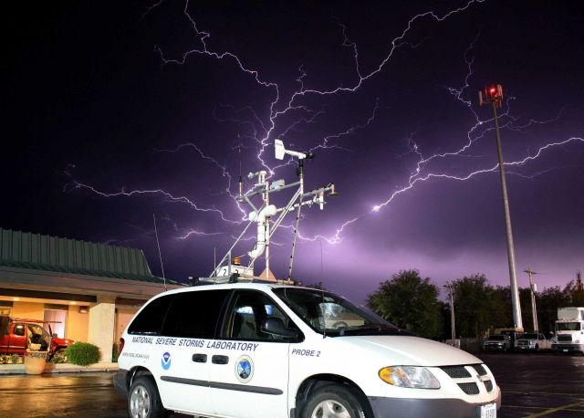 Lightning over National Severe Storms Laboratory mobile mesonet. Picture